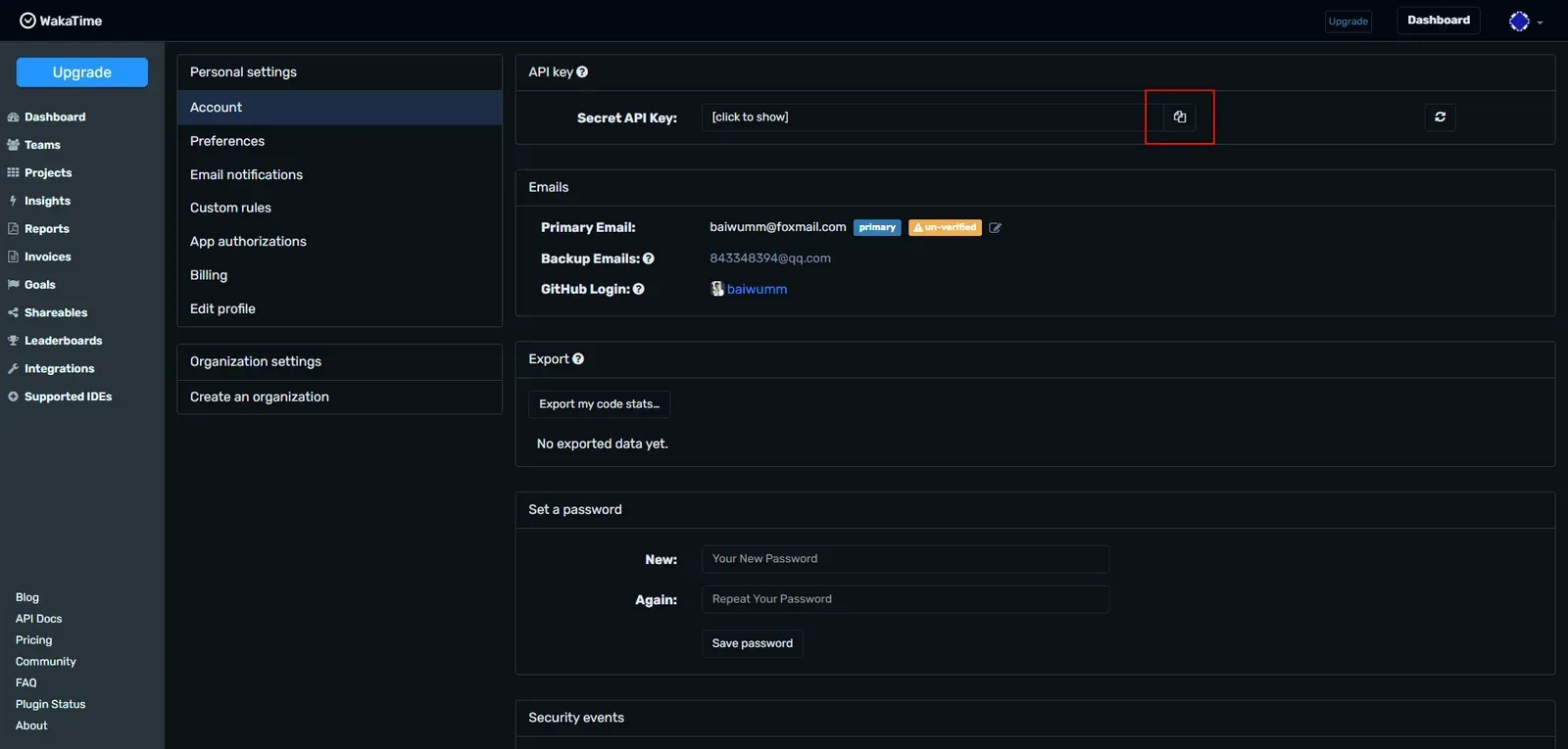 WakaTime 账号的 API Key 页面