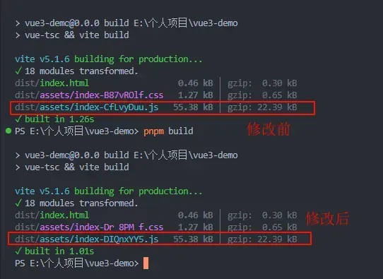 首次打包与修改代码后打包的文件指纹对比