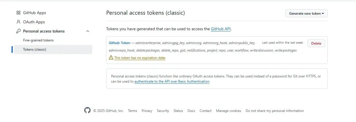 GitHub 创建 Personal access token 的页面