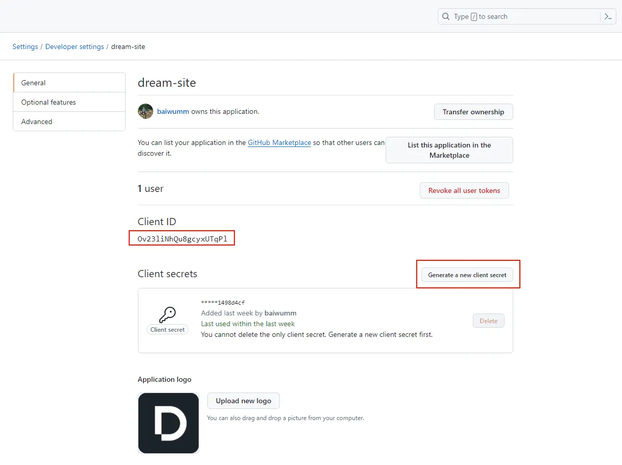 生成 GitHub OAuth Client Secret 密钥