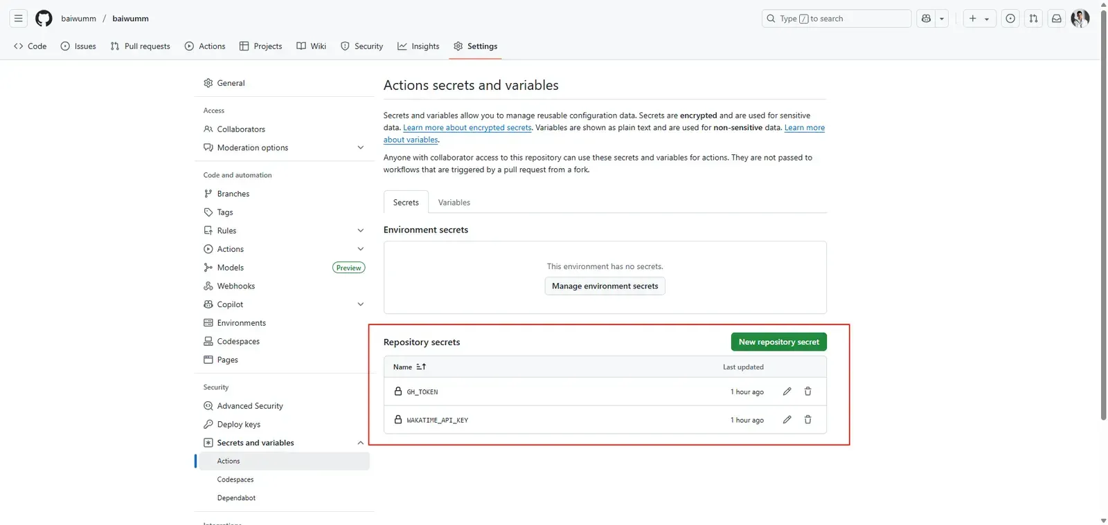 在 GitHub 仓库 Settings 中添加密钥