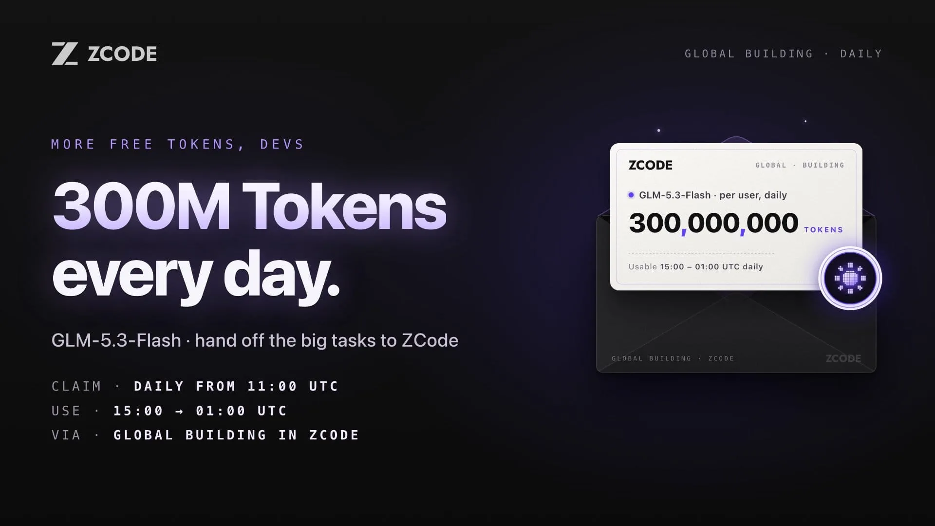 ZCode 每天 3 亿 Token 官方海报:11:00 UTC 起领取,15:00–01:00 UTC 可用
