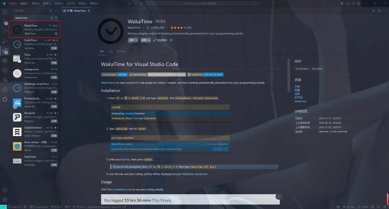 VS Code 应用商店安装 WakaTime 插件