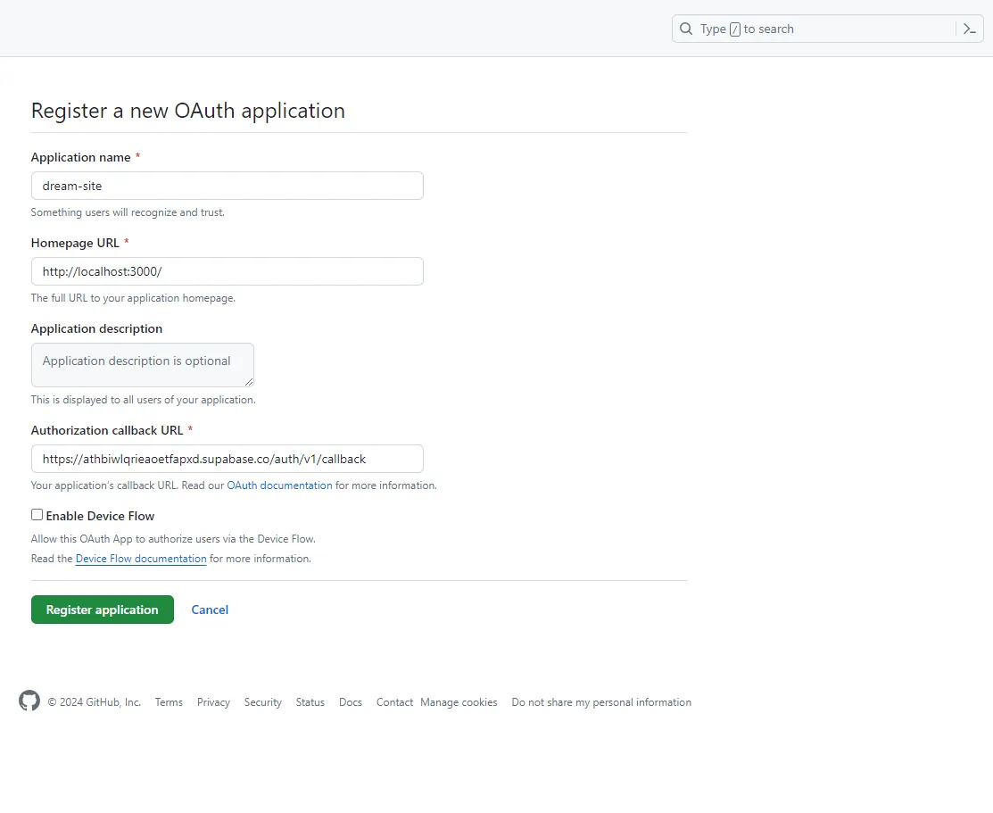填写 OAuth App 的 Homepage 与 Callback URL