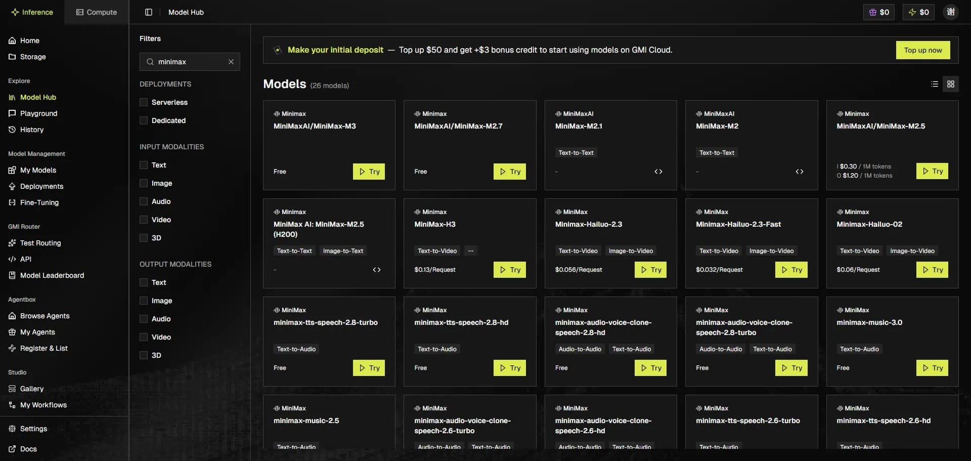 GMI Cloud Model Hub 中的 MiniMax 限免模型