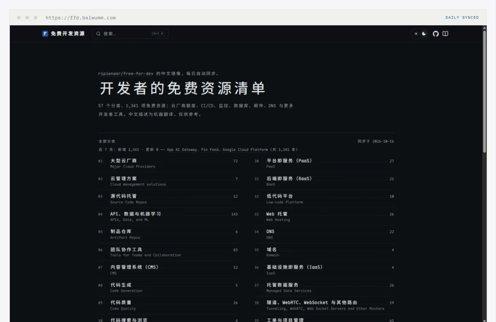 free-for-dev 中文版首页:57 个分类的开放索引,深色纸墨风格