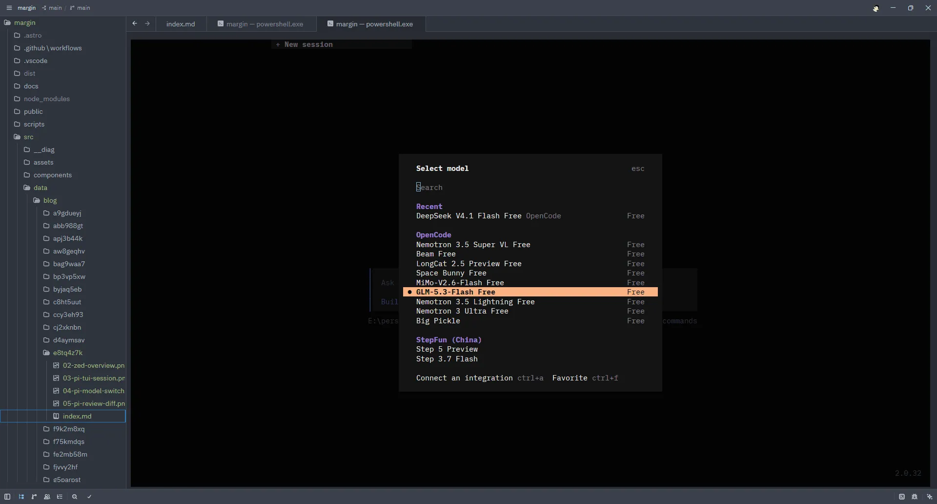 opencode 的模型选择器:OpenCode 分组下清一色带 Free 标记的免费模型,GLM-5.3-Flash Free 正被选中